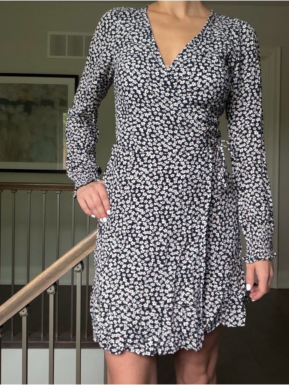 Wrap Floral Long-Sleeve Dress in Navy and White
